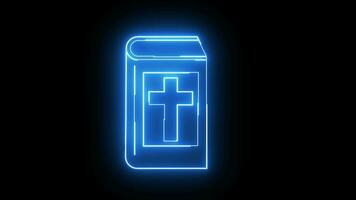 Animated book icon with a cross with a glowing neon effect video