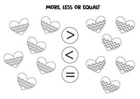 Grater, less or equal with cartoon black and white valentine day hearts. vector