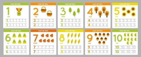 Set of number tracing flashcards with cute autumn items. vector