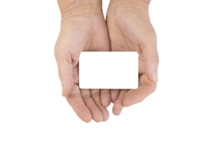 blank card in hands of senior woman close up isolated on transparent background. png