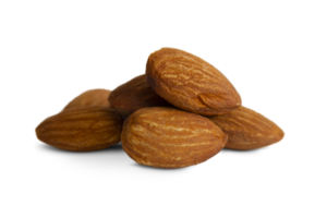 Heap of ripe almonds close up, isolated on transparent background. png