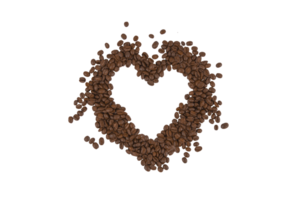 Heap of roasted coffee beans in a heart shape isolated on transparent background. png