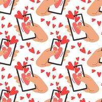 A pattern with hearts from the phone, when pressed, the heart is sent to another person. The texture is vector flat for Valentine's Day. Seamless ornament. A declaration of love. Valentine's Day