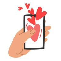 In hands, a phone with a heart, when pressed, the heart is sent to another person. Isolated vector illustration for Valentine's Day. The correspondence is in the hands of a man. A declaration of love