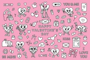 Trendy groovy valentines day sticker set. Retro valentines day. 70s 60s aesthetics. Vintage comic vector. Vector illustration. Vector