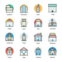 Monuments and Buildings Flat Vector Icons Set