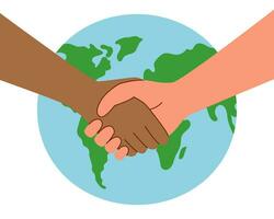 Handshaking hands of different skin tones in front of the planet. vector