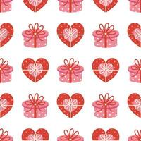Gift box seamless vector pattern. Holiday containers in the shape of heart, circle. Romantic presents with polka dots, holiday ribbon, bow. Red and pink surprises. Background for Valentines Day, date