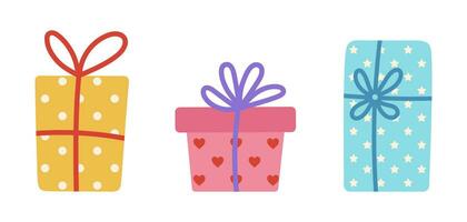 Gift box vector icon set. Bright closed presents with bow, ribbon. Square and rectangular containers are packed in wrapping paper with hearts, polka dots, stars. Surprise for holidays, parties, events