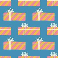 Presents, seamless vector pattern. Gift boxes with ribbon, bow. Holiday containers packed in striped wrapping paper. Surprise for the Christmas, New Year, Birthday. Flat cartoon background for print