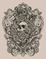Illustration vintage skull snake rose with engraving ornament vector
