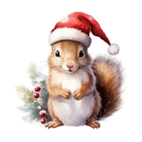 ai généré écureuil portant Père Noël chapeau pour Noël événement. aquarelle style. ai généré png