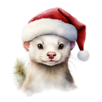 ai généré blanc belette portant Père Noël chapeau pour Noël événement. aquarelle style. ai généré png