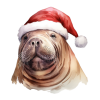 ai gerado morsa vestindo santa chapéu para Natal evento. aguarela estilo. ai gerado png