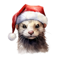 AI generated White Weasel Wearing Santa Hat For Christmas Event. Watercolor Style. AI Generated png