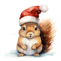 ai generiert Eichhörnchen tragen Santa Hut zum Weihnachten Fall. Aquarell Stil. ai generiert png