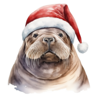 ai gegenereerd walrus vervelend de kerstman hoed voor Kerstmis evenement. waterverf stijl. ai gegenereerd png