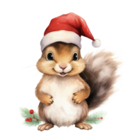 ai généré écureuil portant Père Noël chapeau pour Noël événement. aquarelle style. ai généré png