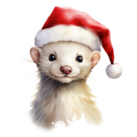 ai généré blanc belette portant Père Noël chapeau pour Noël événement. aquarelle style. ai généré png