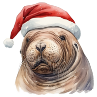 ai generato tricheco indossare Santa cappello per Natale evento. acquerello stile. ai generato png