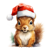 ai gegenereerd eekhoorn vervelend de kerstman hoed voor Kerstmis evenement. waterverf stijl. ai gegenereerd png