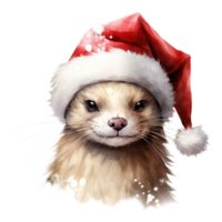 AI generated White Weasel Wearing Santa Hat For Christmas Event. Watercolor Style. AI Generated png