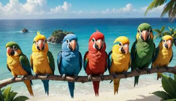 AI Generated Parrots Paradise on a Beachfront photo