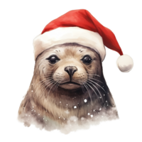 AI generated Seal Wearing Santa Hat For Christmas Event. Watercolor Style. AI Generated png