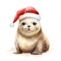 AI generated Seal Wearing Santa Hat For Christmas Event. Watercolor Style. AI Generated png