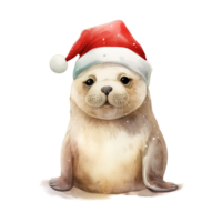 AI generated Seal Wearing Santa Hat For Christmas Event. Watercolor Style. AI Generated png