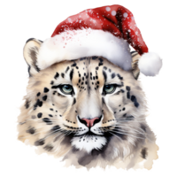 AI generated Snow Leopard Wearing Santa Hat For Christmas Event. Watercolor Style. AI Generated png