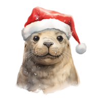 AI generated Seal Wearing Santa Hat For Christmas Event. Watercolor Style. AI Generated png