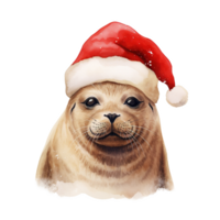 AI generated Seal Wearing Santa Hat For Christmas Event. Watercolor Style. AI Generated png