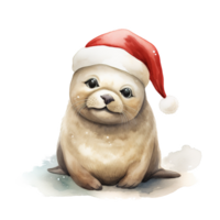 AI generated Seal Wearing Santa Hat For Christmas Event. Watercolor Style. AI Generated png