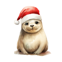 AI generated Seal Wearing Santa Hat For Christmas Event. Watercolor Style. AI Generated png