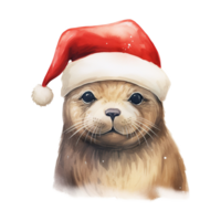 AI generated Seal Wearing Santa Hat For Christmas Event. Watercolor Style. AI Generated png