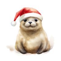 AI generated Seal Wearing Santa Hat For Christmas Event. Watercolor Style. AI Generated png