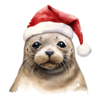 AI generated Seal Wearing Santa Hat For Christmas Event. Watercolor Style. AI Generated png