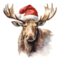 AI generated Moose Wearing Santa Hat For Christmas Event. Watercolor Style. AI Generated png