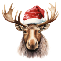 AI generated Moose Wearing Santa Hat For Christmas Event. Watercolor Style. AI Generated png