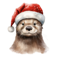 AI generated Otter Wearing Santa Hat For Christmas Event. Watercolor Style. AI Generated png