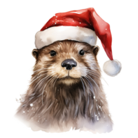 AI generated Otter Wearing Santa Hat For Christmas Event. Watercolor Style. AI Generated png