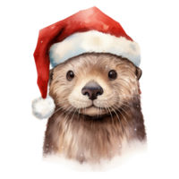 AI generated Otter Wearing Santa Hat For Christmas Event. Watercolor Style. AI Generated png