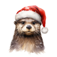 AI generated Otter Wearing Santa Hat For Christmas Event. Watercolor Style. AI Generated png