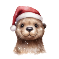 AI generated Otter Wearing Santa Hat For Christmas Event. Watercolor Style. AI Generated png