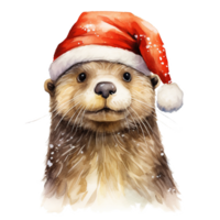 AI generated Otter Wearing Santa Hat For Christmas Event. Watercolor Style. AI Generated png