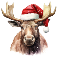 AI generated Moose Wearing Santa Hat For Christmas Event. Watercolor Style. AI Generated png