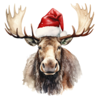 AI generated Moose Wearing Santa Hat For Christmas Event. Watercolor Style. AI Generated png