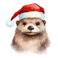 AI generated Otter Wearing Santa Hat For Christmas Event. Watercolor Style. AI Generated png