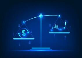Weighing scale Weighing money with the stock graph shows the price of the stock graph rising. Those who invest will receive profits from increased stock prices. Vector background illustration